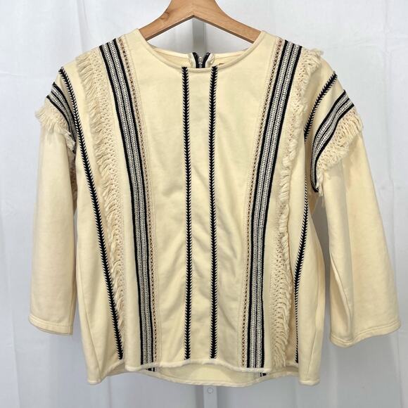 Anthropologie Tops - ERI + ALI Anthropologie Santillana Boxy Fringe Blouse Top Cream Black Size XS